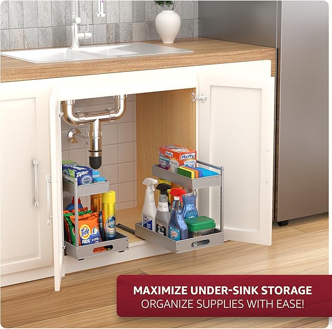 Sorbus Under Sink Organizer with Sliding Tracks – Pull Out Cabinet Organizer with Drawer & Installation Rails – Under Cabinet Bathroom Storage Organizer for Kitchen, Pantry, or Vanity –Silver 2 Pack