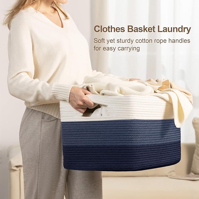 86L Large Woven Laundry Basket Hamper with Handles, Gradient Blue | 24"x16"x14", collapsible wicker hamper, storage for dirty clothes, toys, blankets, gifts, living room, bedroom, bathroom