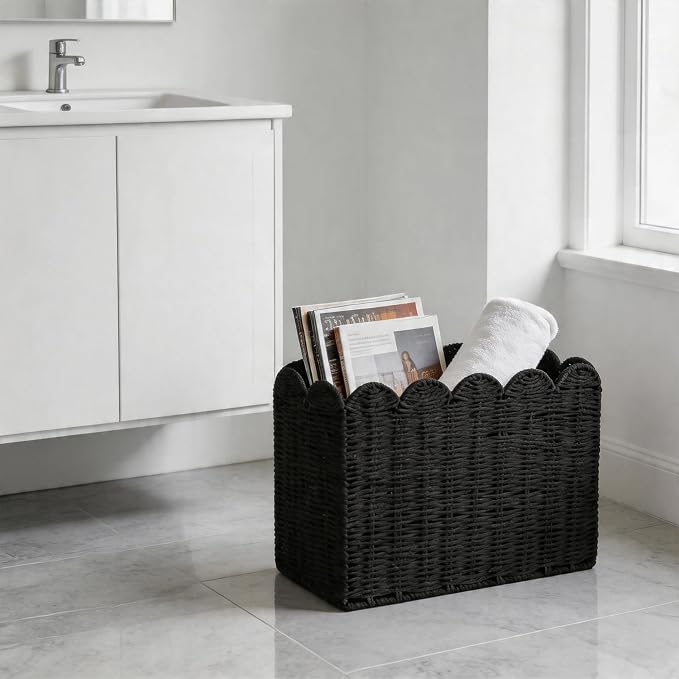 Black Paper Rope Magazine Holder, Tall Narrow Scalloped Basket | Handwoven Black Paper Rope Basket for Magazine Storage, Book Basket, Mail Organizer, File Holder 15"L x 6"W x 11"H