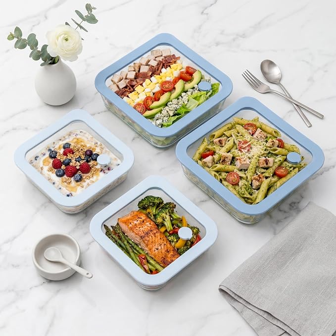 Urban Green Glass Food Container Set with Silicone Glass Lid, Square Shape, 4 Pack, Airtight, LeakProof, 100% Plastic Free, Meal Prep Food Storage Containers, Blue Color