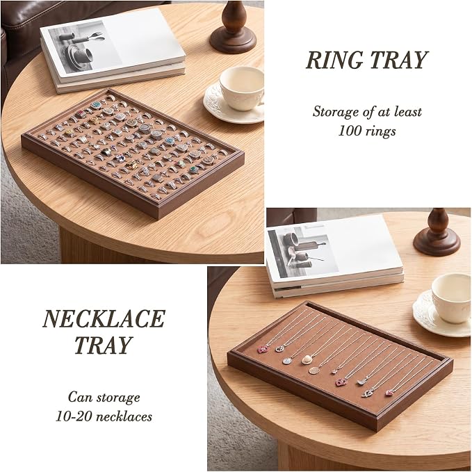 Wood Jewelry Organizer Tray, 5-Piece Set (Brown, 5Pc) | 5 Piece Jewelry Organizer Set, Large Capacity Storage, Glass Top Ring Necklace Display, Versatile Tray
