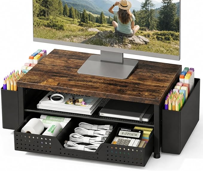 LEKETREE Wood Desk Organizer, 2-Tier Computer Monitor Stand Riser with Storage Drawer and 2 Pen Holders, Laptop & Printer Stand, Shelf for Top of Desk (Rustic Brown)
