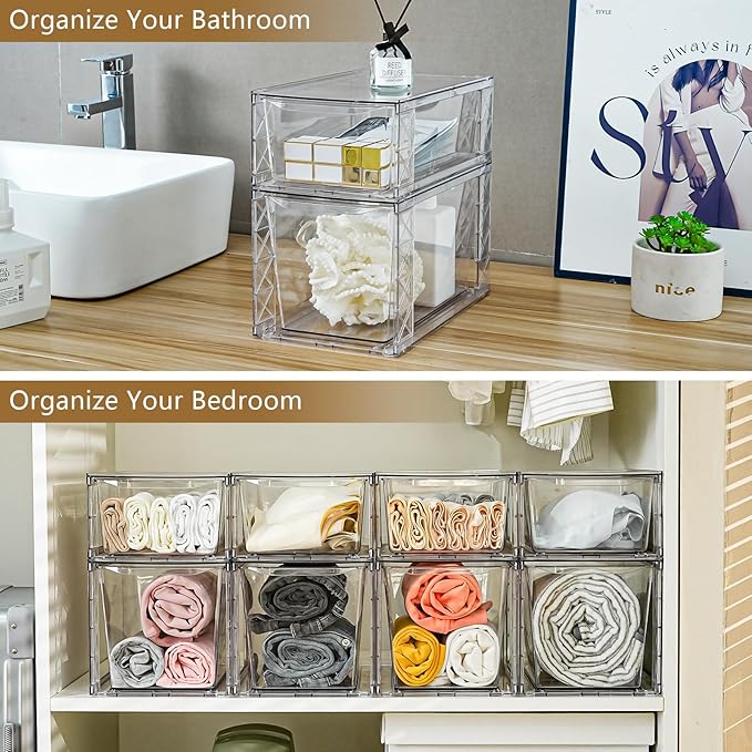 Clemate 4Pack Stackable Kitchen Storage Organizer, Pantry Organizers and Storage, Clear Foods Organizer Bins with Handles, Easily Assemble for Bathroom, Kitchen, Pantry, Cabinet, Closet