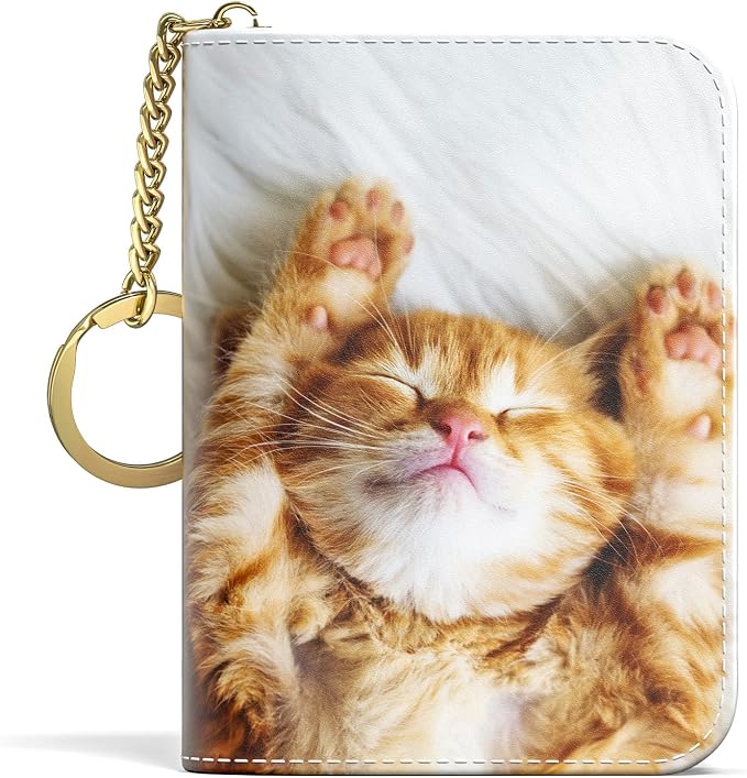 Aiawoxc Credit Card Holder for Women, Small RFID Wallet Slim Leather Card Organizer Case with Zipper and Keychain, Cute Cat