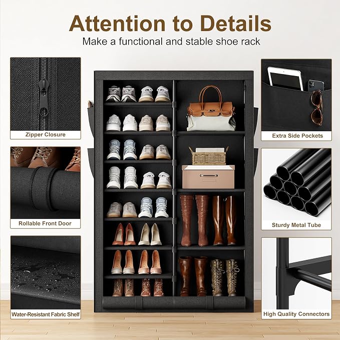 9 Tier Shoe Rack with Cover, Cabinet for 35 Pairs, Black | Holds boots, heels, sneakers. Flat top for bags/plants. Fits narrow corners. No tools, numbered parts, 30-min setup.