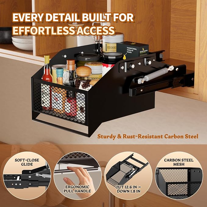 HOUSE AGAIN Pull-Down Cabinet Organizer for High/Deep Cabinets, Drop Down Spice Rack, 12.6" Out & 1.8" Down, Dual Install (Screw/3M Tape), Fits Frameless, for Spices, Snacks and Small Bottles (Black)