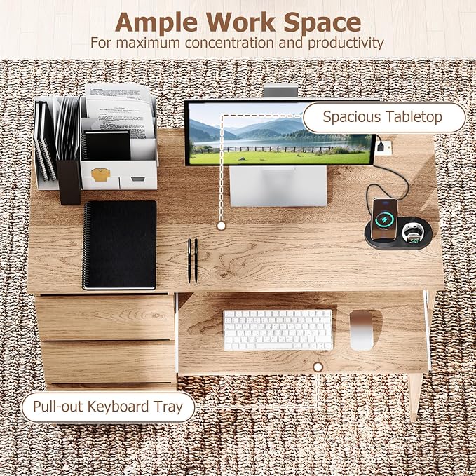 GOFLAME Computer Desk with 3 Drawers & Charging Station, 42” Home Office Desk with Storage & Keyboard Tray, Writing Desk PC Workstation Vanity Table (Natural)