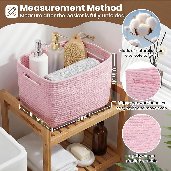 Storage Baskets for Organizing, 14 x 10 x 9” Closet Shelf Woven Baskets, Square Bins with Handles, Cotton Rope Basket for Clothes, Office, Room, Pink 3 Pack