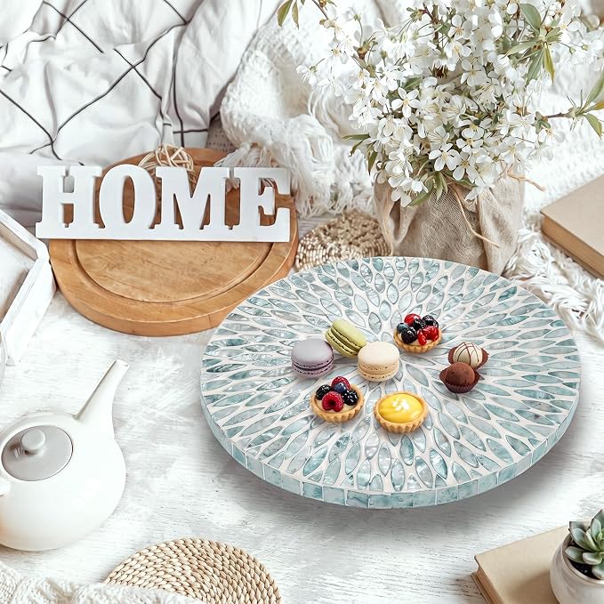 Reallnaive Mother of Pearl Lazy Susan for Table Turntable Organizer Marble Patterned Lazy Susan Wood Spinning Tray Rotating for Kitchen Cabinet Spice Pantry 12 Inch(Round,Blue Floral Petal)