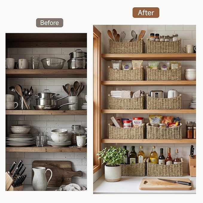 StorageWorks Large Wicker Baskets for Organizing, Seagrass Storage Baskets with Handles, Woven Baskets for Pantry Storage, 16½" x 13" x 7½", 1-Pack