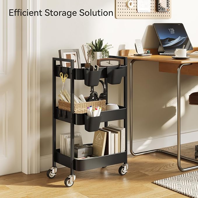 Nunsino 3 Tier Rolling Cart,Utility Cart with Locking Wheels, Hanging Cups & Hooks, Heavy Duty Metal Storage Organizer Cart for Kitchen,Office, Bathroom,Craft Room,Black