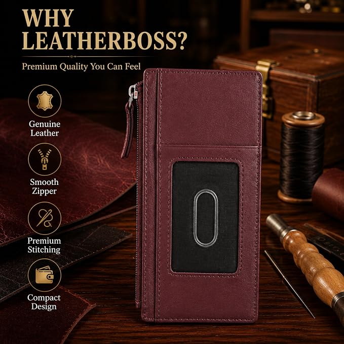 Leatherboss Genuine Leather Women's All in One Credit Business Card Case Holder Slim Zipper Wallet With a Card Protection Strap, Cherry