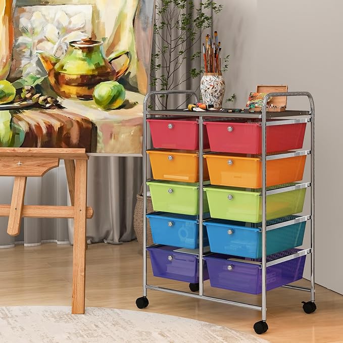 RELAX4LIFE Rolling Storage Cart with 10 Drawers - Craft Storage Cart with Lockable Wheels,Utility Cart, Art Cart Organizer for Crafting Storage, Studio, Office, School Rolling Drawer Cart (Rainbow)