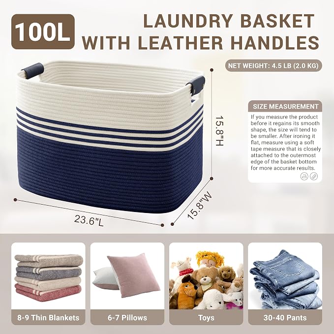 100L Large Woven Laundry Basket Hamper with Leather Handles,Navy | 24"x16"x16", collapsible wicker hamper, storage for dirty clothes, toys, blankets, gifts, living room, bedroom, bathroom