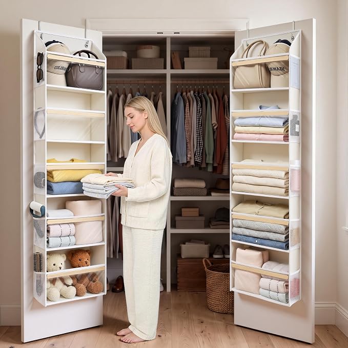 5 Tiers Natural Bamboo Over Door Organizer with 10 Mesh Side Pockets, 50 lbs Weight Capacity Hanging Storage Organizer with Clear Window Kids Toys, Shoes, Diapers, Warm Beige,2 Pack