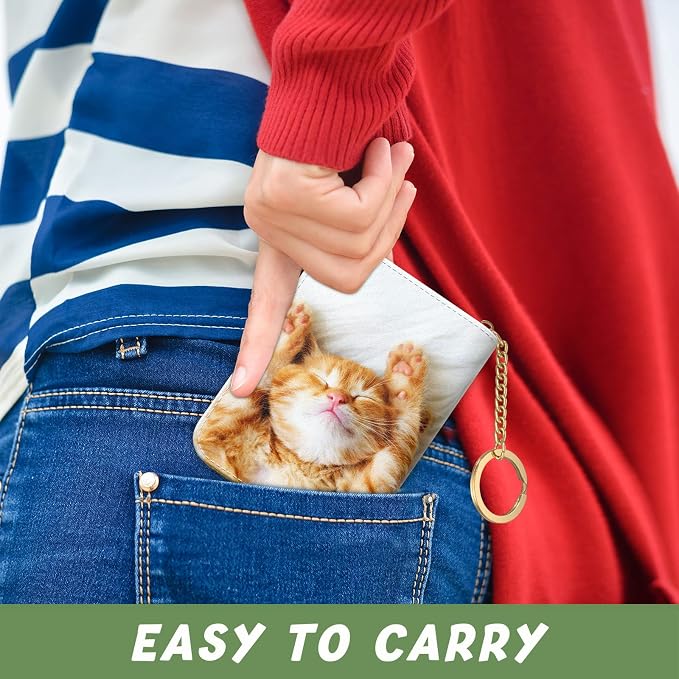Aiawoxc Credit Card Holder for Women, Small RFID Wallet Slim Leather Card Organizer Case with Zipper and Keychain, Cute Cat