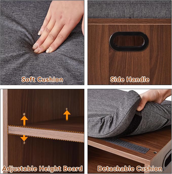 YMYNY Small Shoe Storage Bench with Cushion, Light Walnut, HBD028LW | 2 Tier Entryway Bench with Storage, Small Shoe Rack Bench with Adjustable Shelf for Entryway 11 x 15.3 x 16.5 Inches