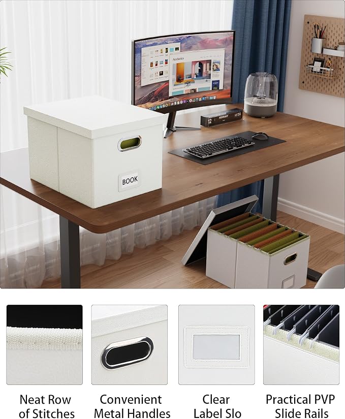 Oterri 2 Pack File Storage Organizer Box,Filing Box,Portable File Box with Lid,Fit for Letter/Legal File Folder Storage, White(Leather)-Box only