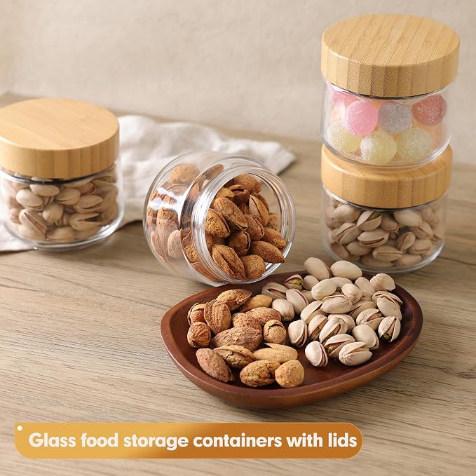 6pcs Glass Overnight Oats Containers with Lids, 10oz Storage Containers | Glass Storage for Dry Food, Jars with Bamboo Lids for Yogurt & Salad, Portable for Picnic & Lunch
