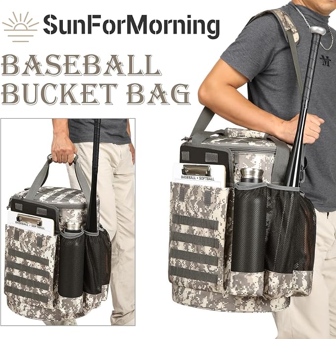 Baseball Bucket Bag Baseball Coaching Accessories Organizer Tactical Style Softball Bucket Bag with Anti-Slip Bottom, Multiple Pockets for Bat, Gloves, Scoreboards