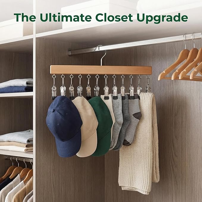 Closet Organizer with 12 Clips, 2 Pack Closet Space Savers for Hanging Clothes, Wooden Pants and Leggings Hangers with 360° Rotating Hook, Space-Saving Hat Scarf Clothespins, Natural Wood Color