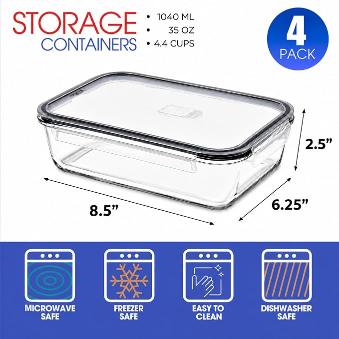 Sorbus Glass Meal Prep Containers Set – Freezer, Dishwasher, Oven Safe – Reusable Food Storage Bowls, 4 Cup Capacity for Meal Prep and Storage (4 Rectangular Vented Lid)