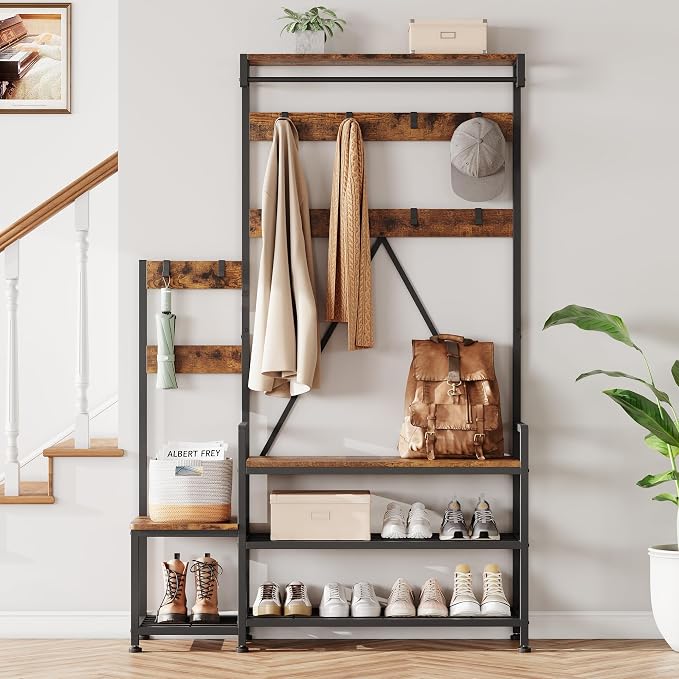 Coat Rack Hall Tree with Shoe Bench and Storage, Large Entryway Organizer with Hooks, Hanging Bar, Shoe Rack, Storage Cubbies, Shelf, Mudroom Bench, Rustic Hallway Furniture for Living Room Bedroom