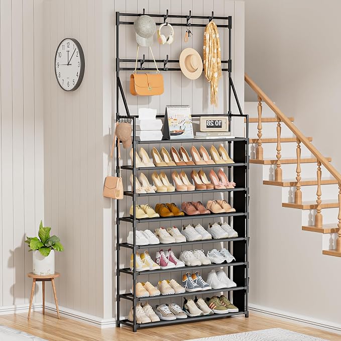 OYREL Shoe Rack 8 Tier Large Shoe Organizer Storage 32-40 Pairs | Metal Shoe Storage Rack with Hooks and Side Pocket for Entrance Entryway Closet Shoe Shelf Holder