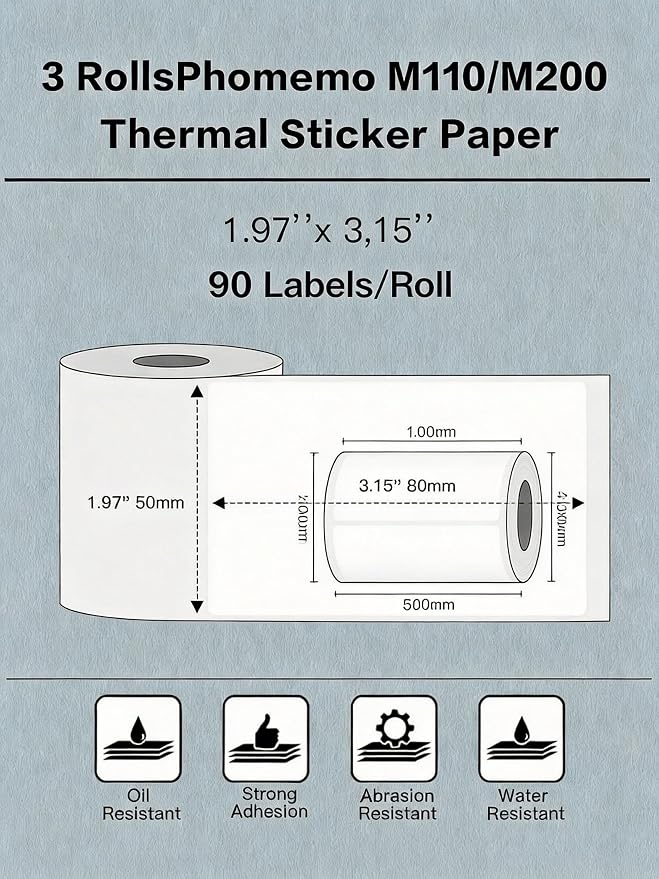 Phomemo Labels- 3 Rolls M110/M220/M221/M120/M200 Thermal Label Paper 1.97"x3.15"(50x80mm)- M110 Address Label Multipurpose Square Self-Adhesive Paper, Total of 270 PCS