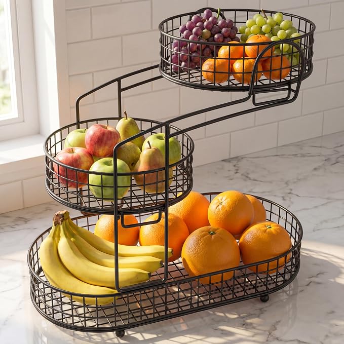 KMV Metal 3-Tier Fruit Basket Vegetable Storage Basket for Kitchen Counter, Detachable Organizer for Bread Snack Produce (Black)