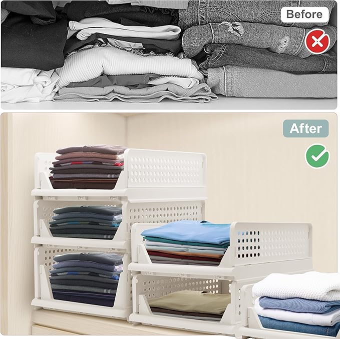 Goderewild Stackable Foldable Storage Baskets, Folding Storage Bins, Closet Organizers and Plastic Drawer Shelf Storage Container for Wardrobe, Cupboard, Kitchen, Bathroom, Office (White, 2L2S)
