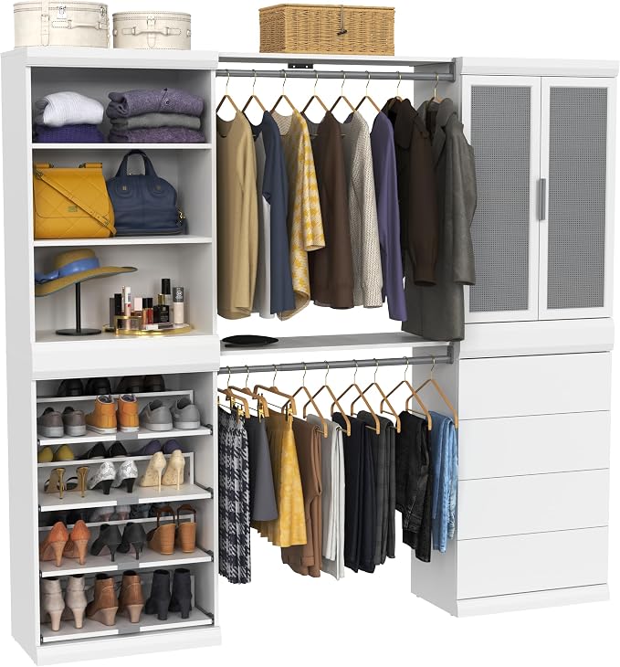 ClosetMaid Mosaics Storage Organizer Kit Includes; (1) Shelf & Door Unit, (1) 3-Shelf Unit, (1) Shoe Shelf Unit, (1) 4-Drawer Unit, and (2) Shelf & Rod Units, White