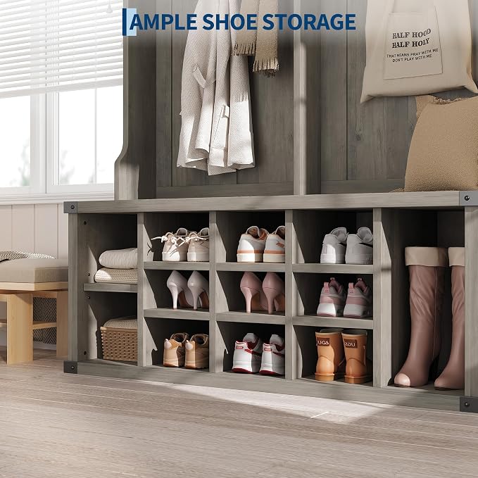 Garvee Farmhouse Entryway Hall Tree with Bench, Shoe Storage & Coat Rack | Large 5-in-1 Mudroom Storage w/ 6 Tri-Hooks & Seating, 13 Cubbies & Adjustable Shelf, Metal Corner Protctor, Rustic Gray