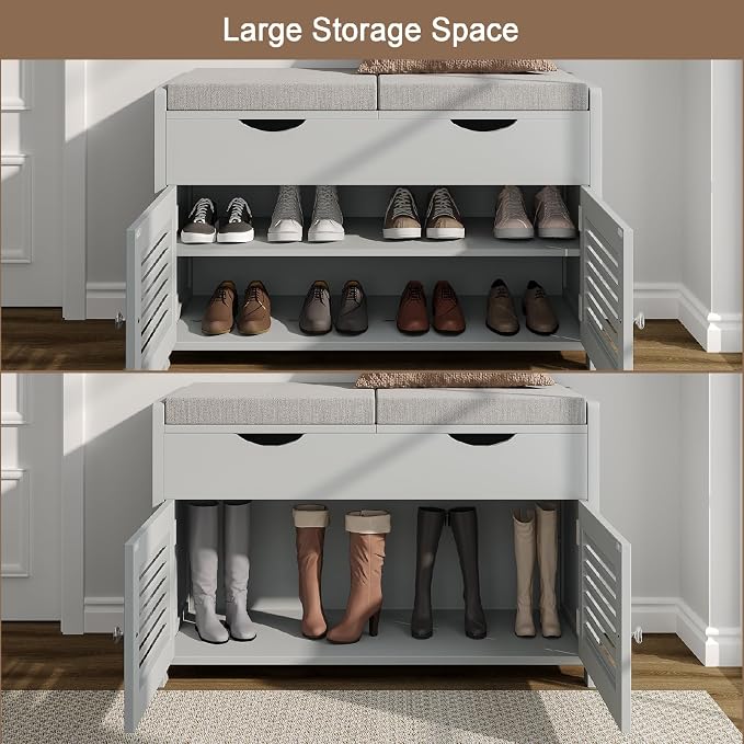 ChooChoo Shoe Storage Bench with Lift Top Storage & Cushioned Seats | 29.5" Entryway Bench with 3 Compartments & Adjustable Shelf, for Entryway, Grey