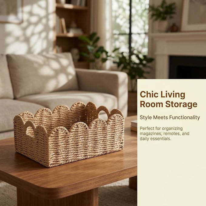 Scalloped Wicker Baskets, Set of 3 Hand-Woven Storage Baskets with Handles - Paper Rope Shelf Organizers & Decorative Baskets for Shelves, Closet, Bathroom (Tan）