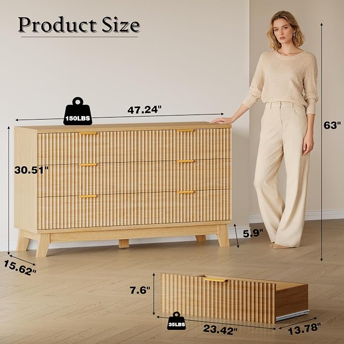 BORNOON Fluted 6 Drawer Dresser, 47.2" Wide Modern Boho Chest of Drawers, Wooden Storage Dresser TV Stand for Bedroom, Living Room, Closet, Hallway, Curved Profile Design