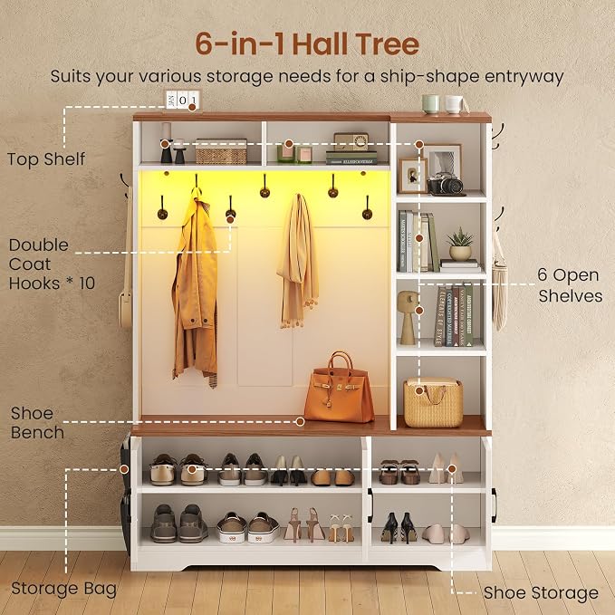 Itaar Hall Tree with Bench and Shoe Storage, Farmhouse Entryway Bench with Coat Rack, Shoe Cabinet with Adjustable Shelves, 6 Storage Cubbies, 10 Coat Hooks, Storage Bag, Led Lights, White
