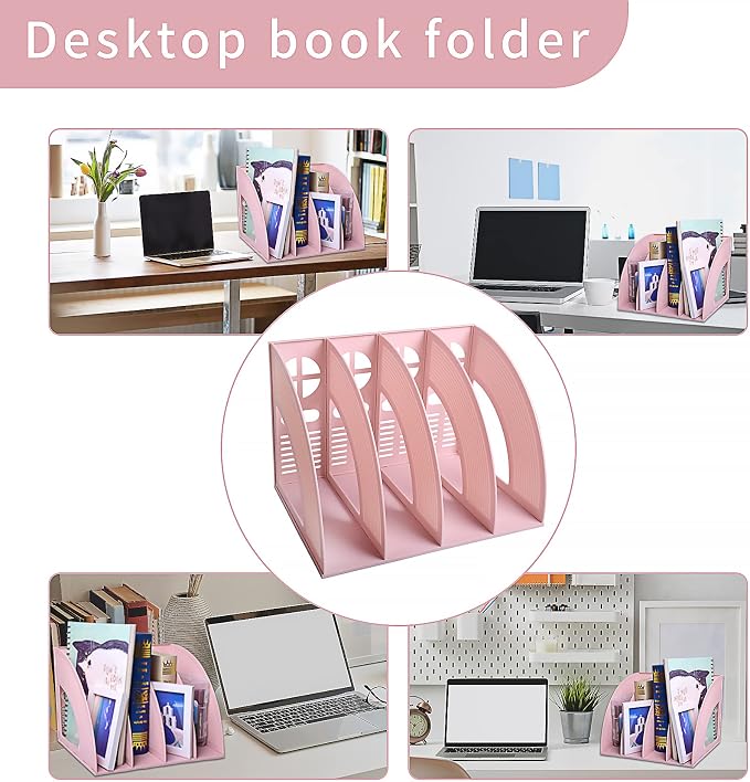Marte Vanci Magazine File Holder, Binder Holder with 4 Vertical Compartments, Desktop Folder Organizer File Sorter Dividers for Book, Document Storage Home School Office Supply (Pink)