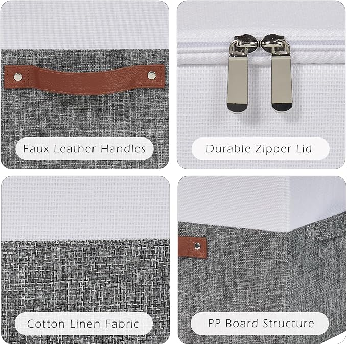 Storage Boxes with Zipper Lid Cotton Linen Fabric Lidded Storage Bins Baskets Foldable Washable Closet Shelf Clothes Organizer Container Faux Leather Handles (Gray White, Small)