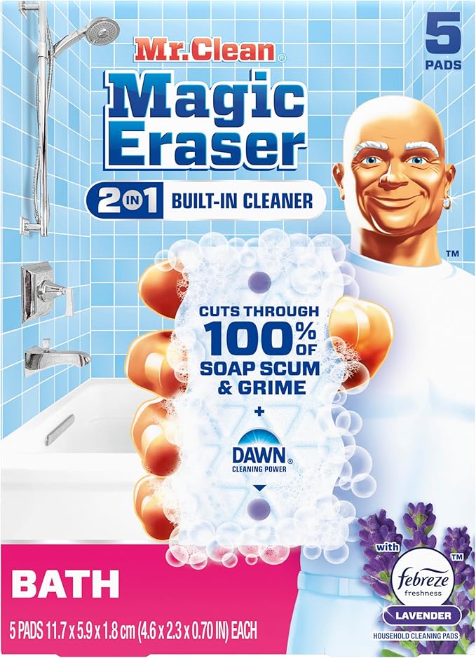 Mr. Clean Magic Eraser Sponge, Bathroom Cleaner, Shower Cleaner, Tub Cleaner, Soap Scum Remover, Bathroom Cleaning Supplies, Dawn Cleaning Power with Febreze Lavender Scent, 5ct