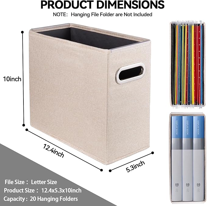 2 Pack Letter Size File Storage Box Collapsible, Fabric Hanging File Folders Organizer, Portable Office Document Holder with Metal Handle, Smooth PVC Rails, Beige