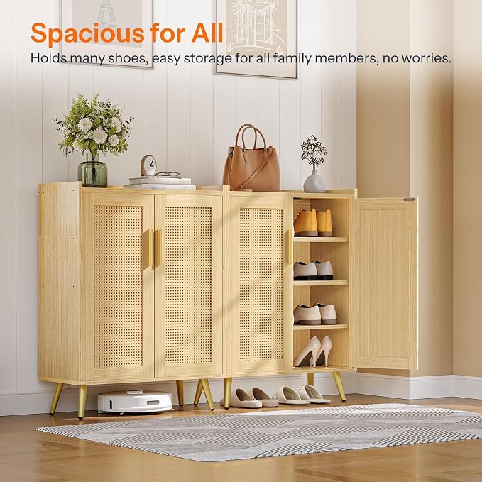 HOOBRO Shoe Cabinet, 5-Tier Shoe Storage Cabinet, Rattan Shoe Cabinet with Doors, 37.8" Tall Shoes Rack Organizer Cabinet for Entryway Hallway Front Door, Adjustable Shelf, Natural NL18SC01