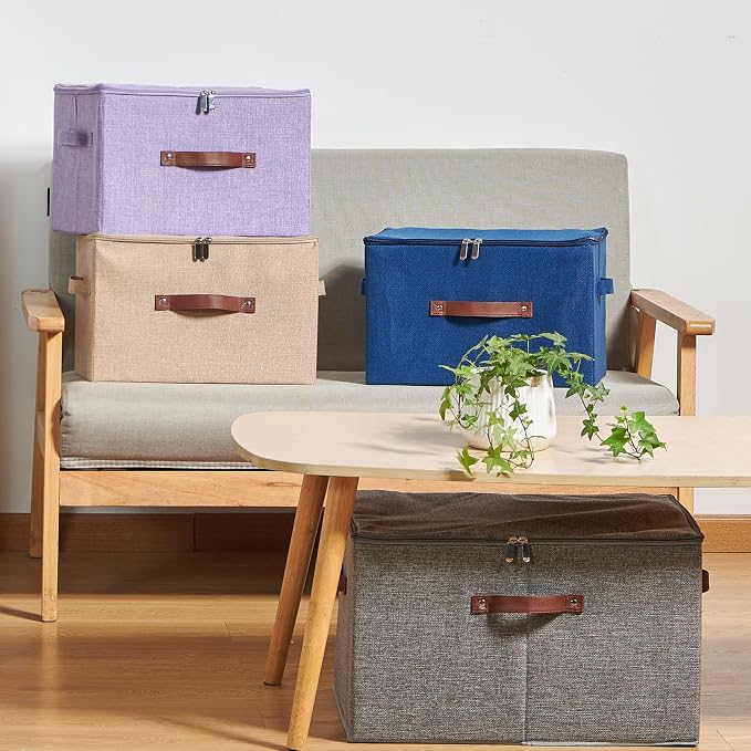 Storage Bins with Zipper Lid Cotton Linen Fabric Lidded Storage Baskets Boxes Foldable Washable Closet Shelf Clothes Organizer Container with PU Leather Handles (Purple, Large)