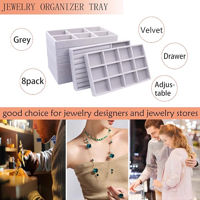 Earring Organizer 8 Stackable Jewelry Tray Drawer Removable Jewellry Storage Display Plate for Earring Rings Necklace Bracelet Watch with Removable Dividers