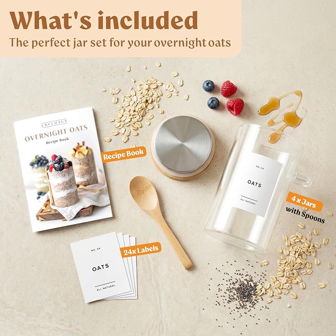 EDELHAUS Overnight Oats Glass Jars, Bamboo Lids, Spoons & Labels - 4x16oz | 4 Thick Glass Jars With Airtight Bamboo Lids, Matching Spoons and 24 Labels for Overnight Oats, Chia Pudding and Yogurt