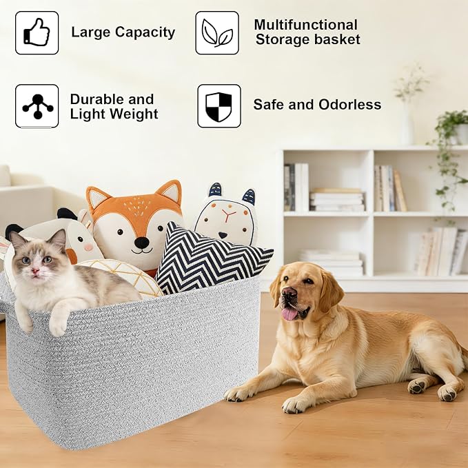 96L XXXLarge Woven Laundry Basket with Sturdy Handles - Grey | Machine washable,Space-Saving Collapsible Design,Cotton rope, blanket basket living room,for toys clothes nursery bathroom