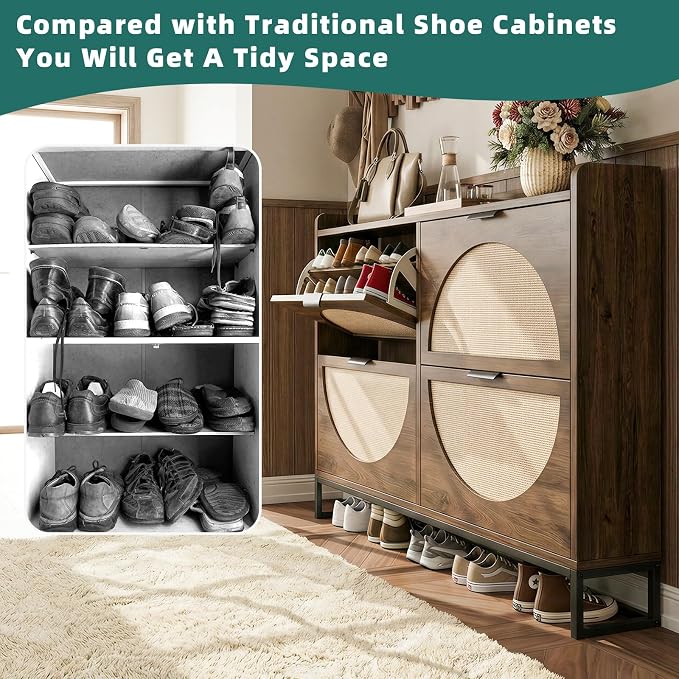 Flip Drawer Shoe Cabinet, Slim Narrow Entryway Storage Furniture with Hidden Flip-Open Organizer, Engineered Wood & Veneer Construction, Hallway Living Room Foyer, 4 Drawer, Oak