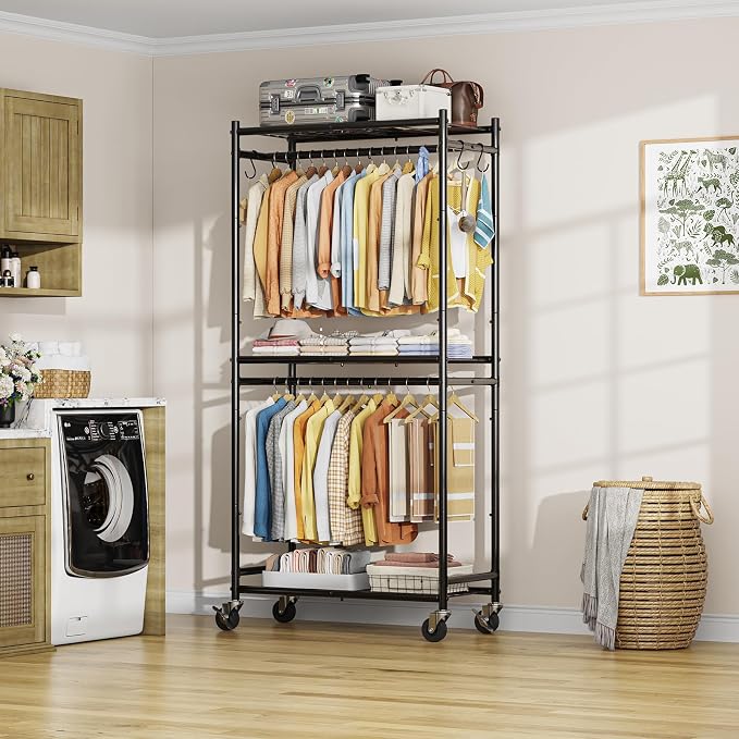 Simple Trending Clothes Rack, Portable Closet with Mesh Shelves, Black | Wardrobe Closet with Hooks, Multi-Functional, Sturdy Metal Garment Rack for Bedroom, Laundry