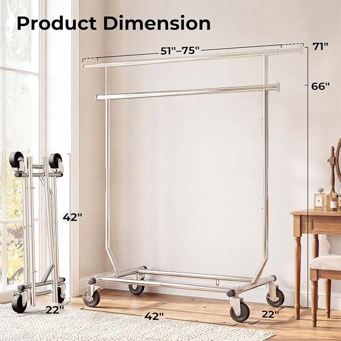 HOKEEPER Clothes Rack, Rolling Clothing Racks for Hanging Clothes, Portable Clothes Rack with Lockable Wheels, Commercial Heavy Duty Garment Rack for Bedroom, Living Room, Laundry, Balcony Collapsible