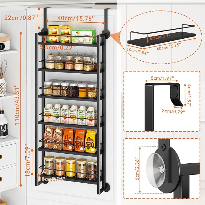 IBUYKE Over the Door Spice Organizer,Door or Wall Mount,Black TLJ028B | 6 Tier Wall Mounted Spice Rack Adjustable Hanging Storage Shelves Spice Organization for Kitchen cabinet Bathroom Closet